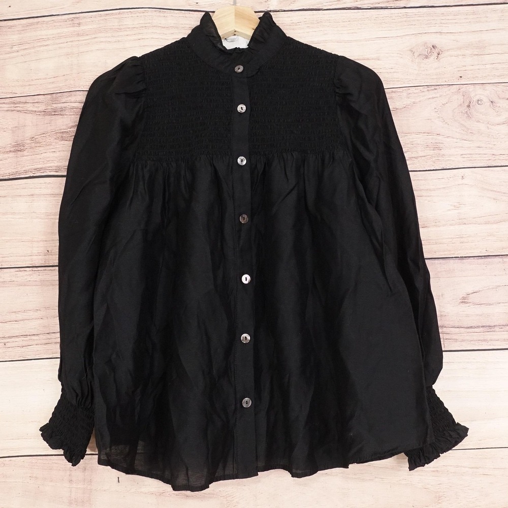 Pomander Place Blouse Womens XS Black Mock Neck Long Sleeve Smocked Ruffle